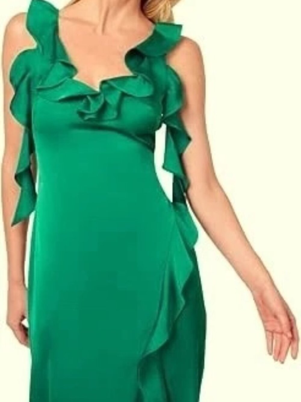 Adrianna Papell Deep Emerald Green Satin Ruffle Dress